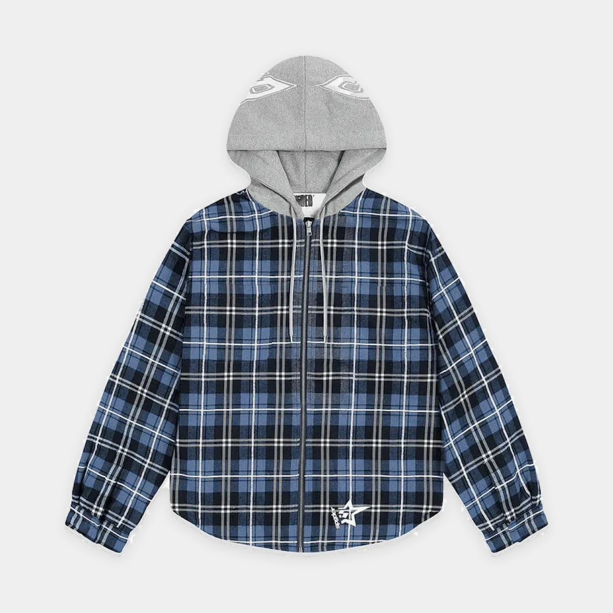 Sp5der Hooded Zip Flannel Shirt Jacket – Blue Plaid – Vorderseite